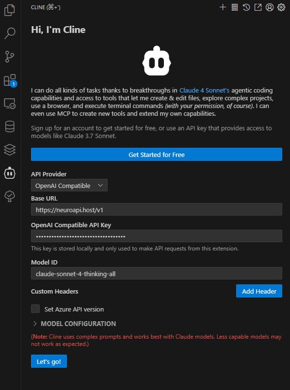 Cline — настройки API